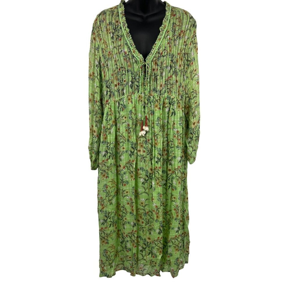 Zara Floral Green Long Sleeve Dress Bead Shell Tassel V-Neckline Shift Women New